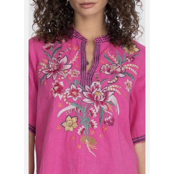 JOHNNY WAS Jessica Easy V Neck Top Pink Embroidered Size XL Short Sleeve Linen - Picture 3 of 12